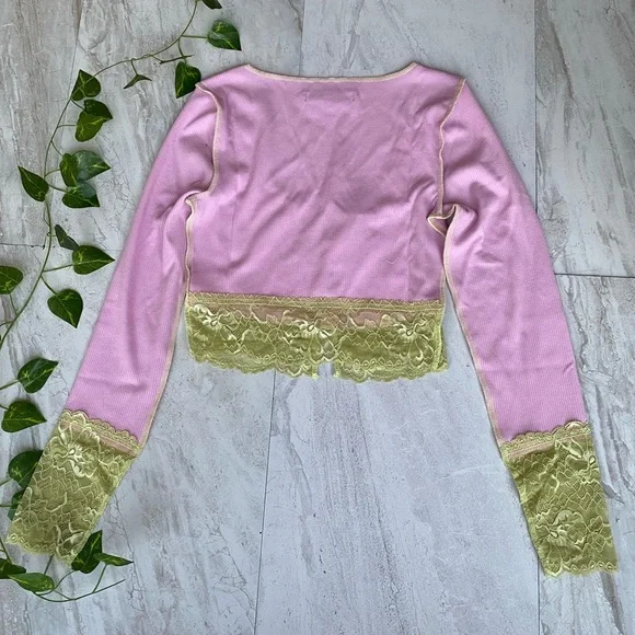 Urban Outfitters Top Long Sleeve Lace Tie Up Cleavage Crop Top Shirt Rave Sexy - Picture 4 of 10